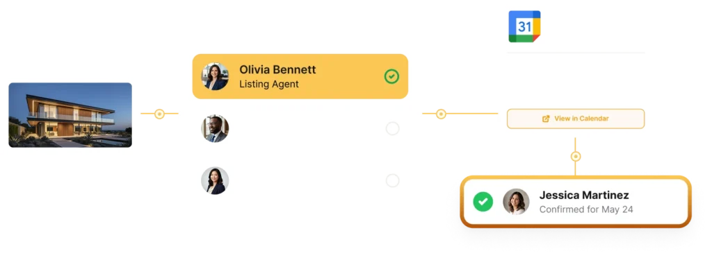 Example flow from a property inquiry to agent assignment and tour confirmation