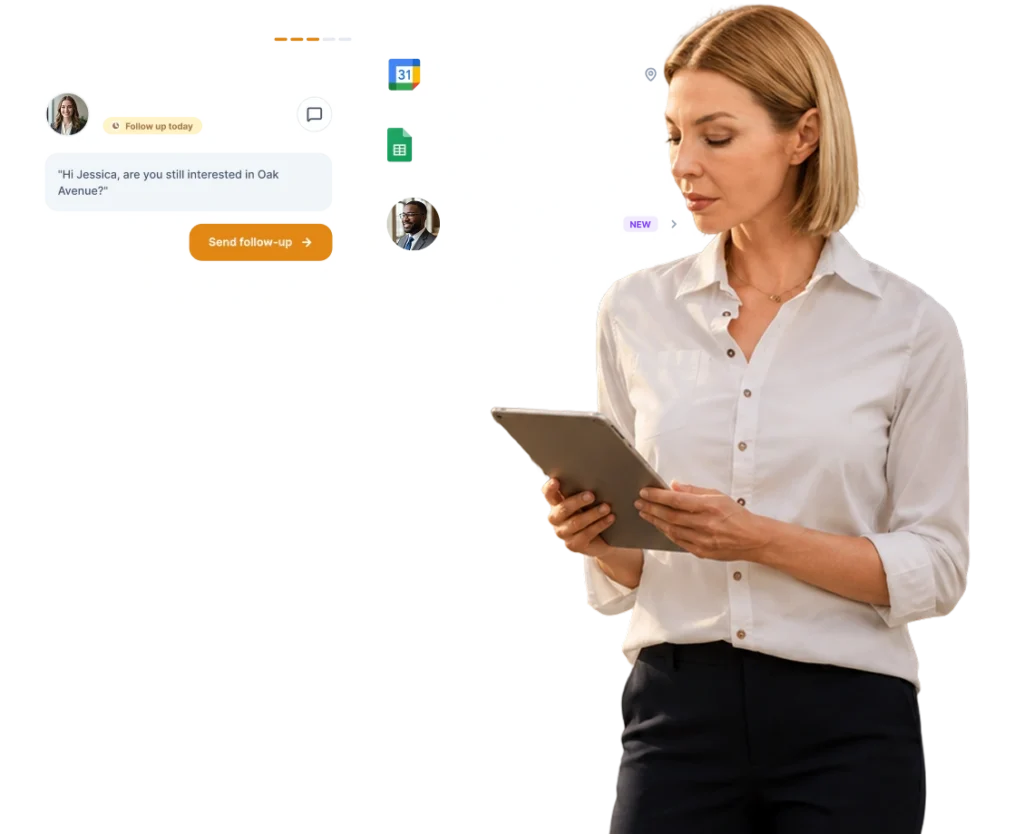 Illustration of a real estate professional with a sample follow-up dashboard