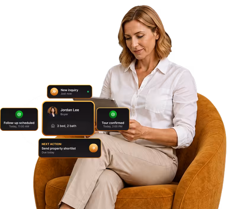 Illustration of a real estate professional reviewing an inquiry, follow-up, and tour confirmation